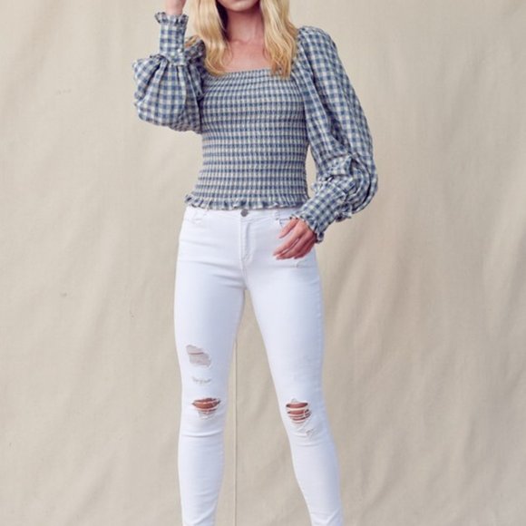 &merci Gingham Square Neck Smocked Balloon Sleeve Top - Picture 2 of 5